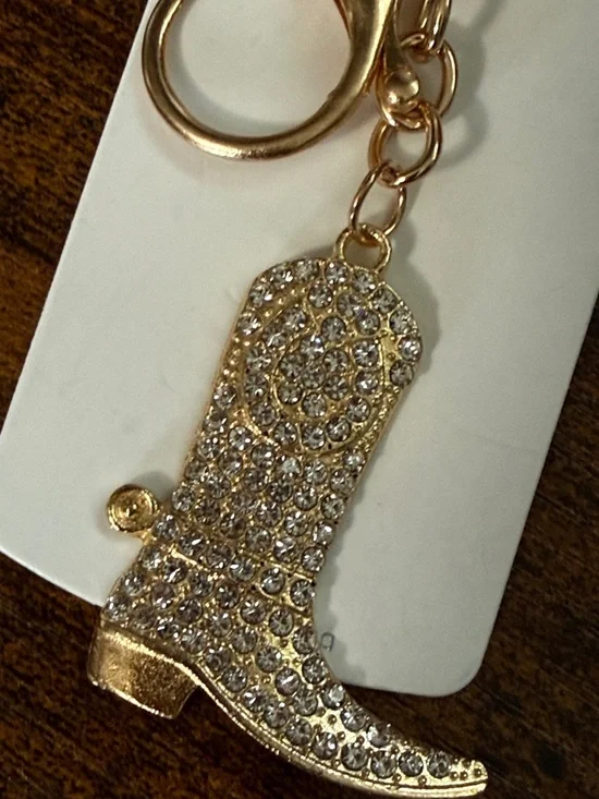 Mint Gold Rhinestone Cowboy Boot Keychain Charm - Picture 3 of 3